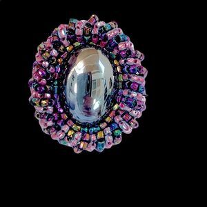 Vintage hematite and peacock blue pink glass beaded earrings pierced artisan